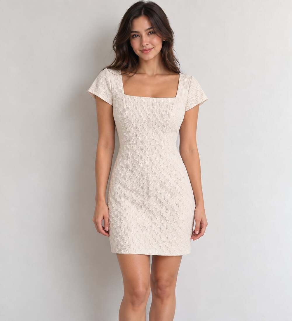 Adrianna Papell Size 12 Ivory Textured Sheath Dress Square Neck Classic Chic